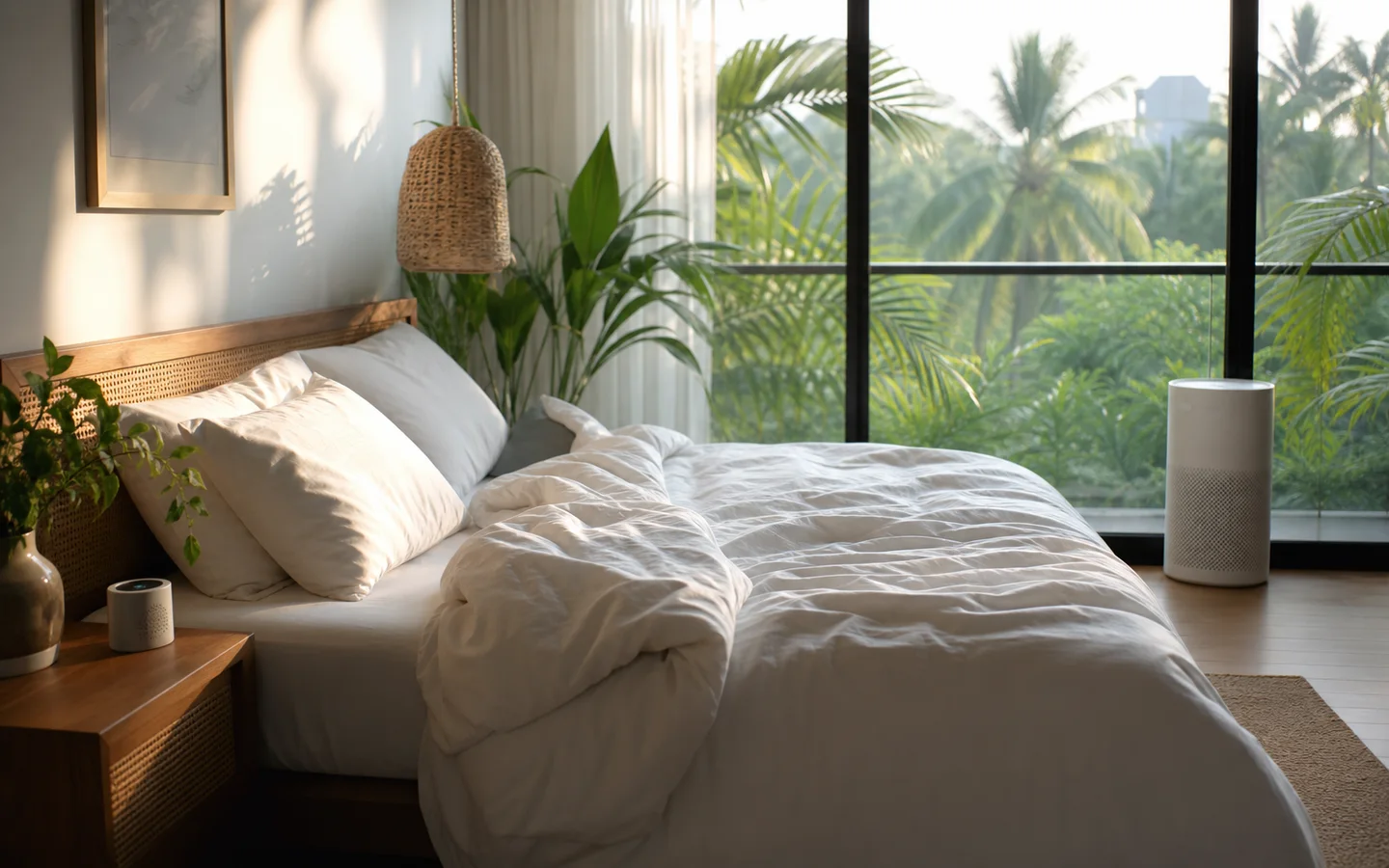 A tropical bedroom with an air-quality monitor and compact air purifier