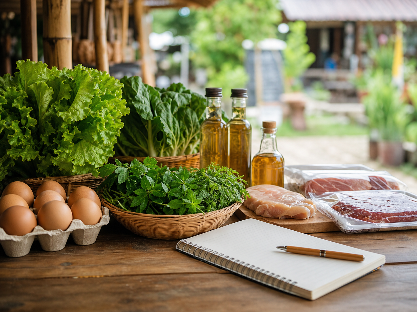 Fresh eggs, leafy greens, herbs, oils, and source-check notes for clean-food sourcing in Chiang Mai