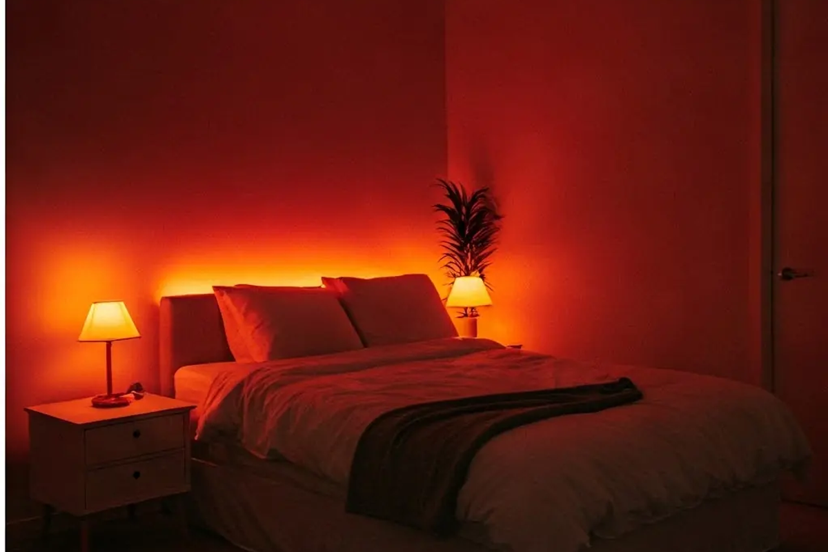 Bedroom set up with warm red evening lighting for better sleep