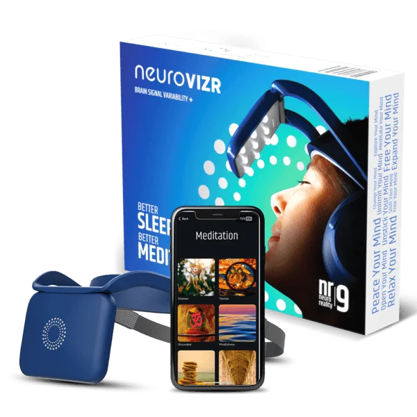 NeuroVIZR Blue light-and-sound device, box, and app display