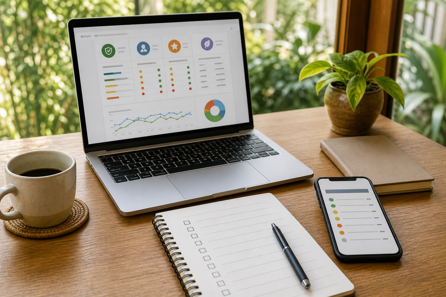 Laptop, phone, and notebook showing practical health checklists and scorecards
